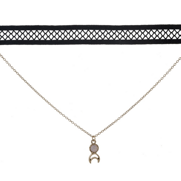 Black and gold tone, double layer choker with a crescent cut out pendant, accented by an opal stone. Approximately 12" in length.