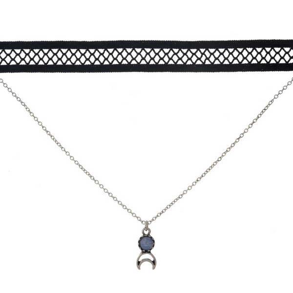 Black and silver tone, double layer choker with a crescent cut out pendant, accented by an opal stone. Approximately 12" in length.