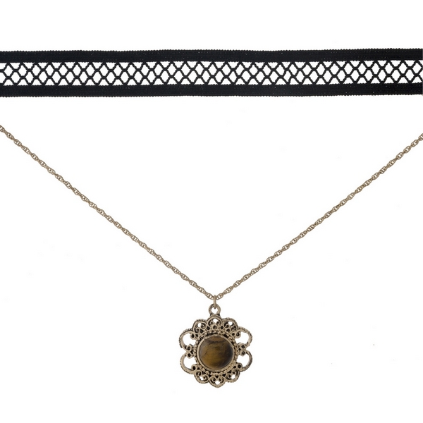 Black and gold tone, double layer choker with a flower pendant, accented by a brown stone. Approximately 12" in length. 