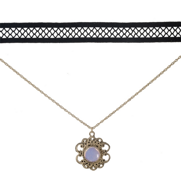 Black and gold tone, double layer choker with a flower pendant, accented by an opal stone. Approximately 12" in length. 