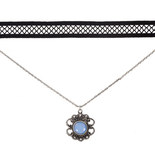 Black and silver tone, double layer choker with a flower pendant, accented by an opal stone. Approximately 12" in length. 