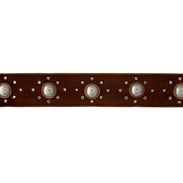 Brown velvet choker with pearl beads and clear rhinestone accents. Approximately 12" in length and 1" in width. 