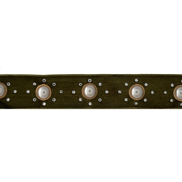 Olive velvet choker with pearl beads and clear rhinestone accents. Approximately 12" in length and 1" in width. 