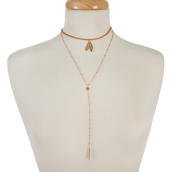 Wholesale brown leather choker gold Y layer feather pendants