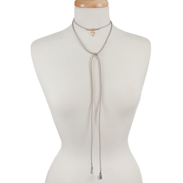 Gray faux suede, open wrap choker with a gold tone triangle pendant. Approximately 60" in length. 