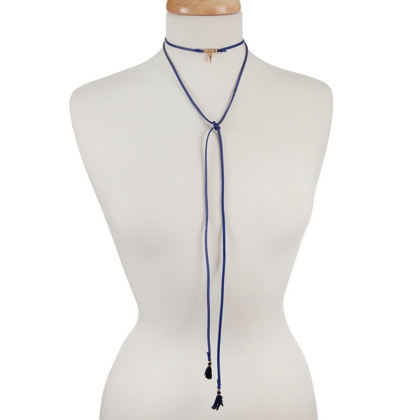 Blue faux suede, open wrap choker with a gold tone spear pendant. Approximately 60" in length. 