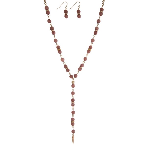 Wholesale gold Y necklace mauve beads dainty arrowhead pendant
