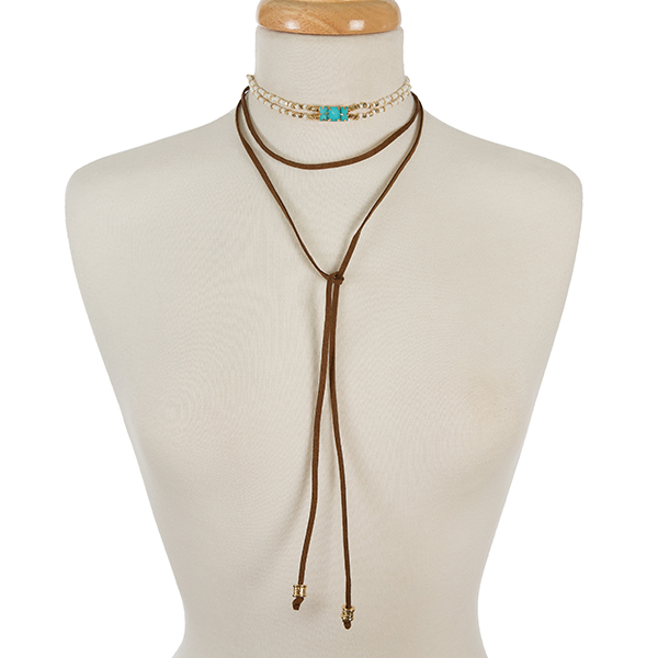 White and gold tone beaded choker with a brown faux suede layer. Approximately 12" in length. 