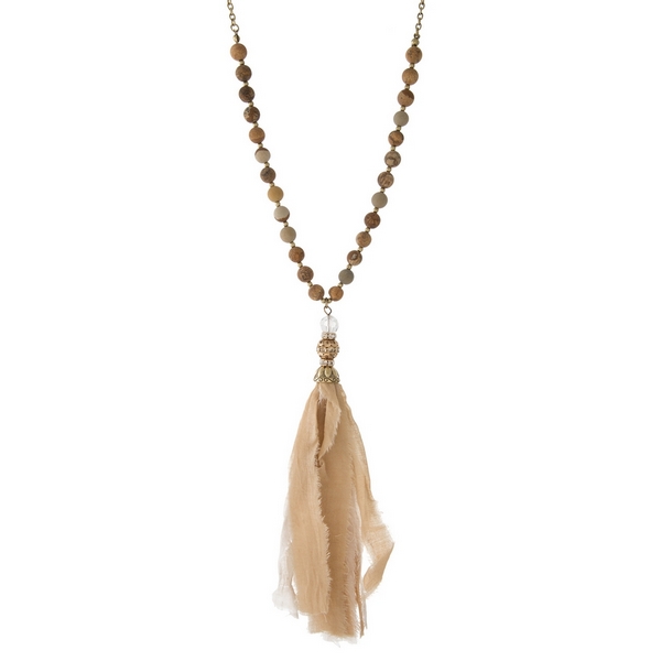 Wholesale gold necklace displaying picture japser beads neutral tassel