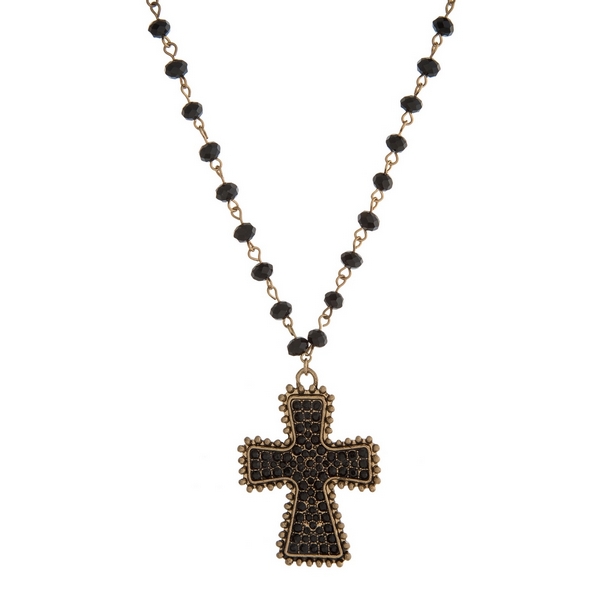 Wholesale gold necklace black beads pave rhinestone cross pendant