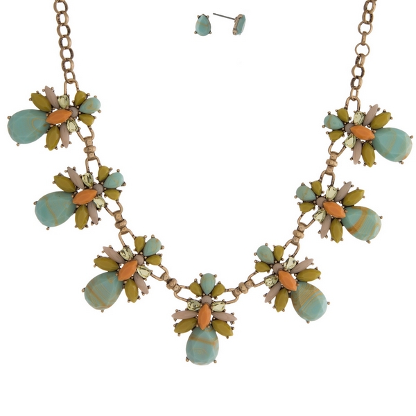 Wholesale gold necklace set mint green gold swirled stones peach blush rhineston