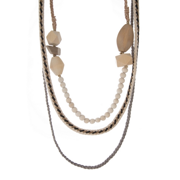 Wholesale ivory tan gray braided rope necklace three layers wooden beads button