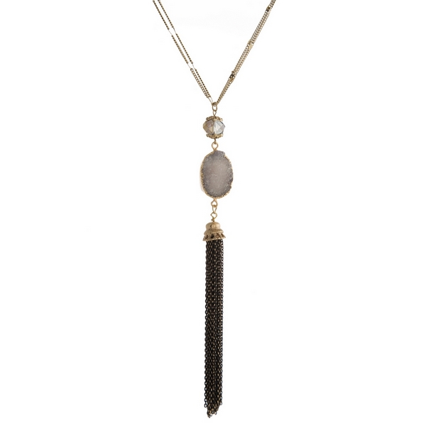 Wholesale gold necklace white druzy stone pendant black chain tassel