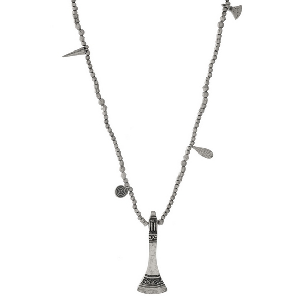 Silver tone necklace with stamped metal charm pendants. Approximately 32" in length. 