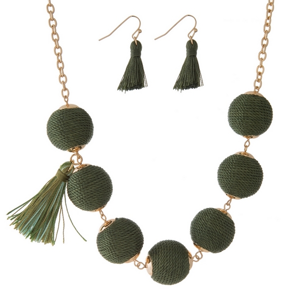 Wholesale gold necklace set olive green thread wrapped beads tassel accents matc