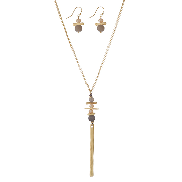 Wholesale gold necklace set gray topaz beaded pendant matching fishhook earrings