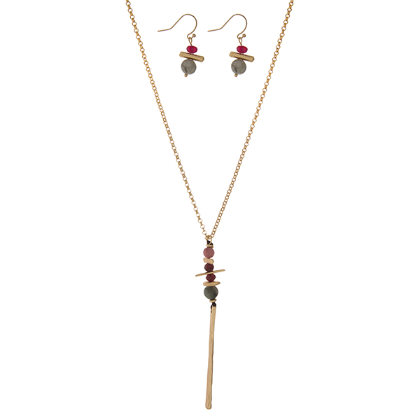 Wholesale gold necklace set green burgundy beaded pendant matching fishhook earr