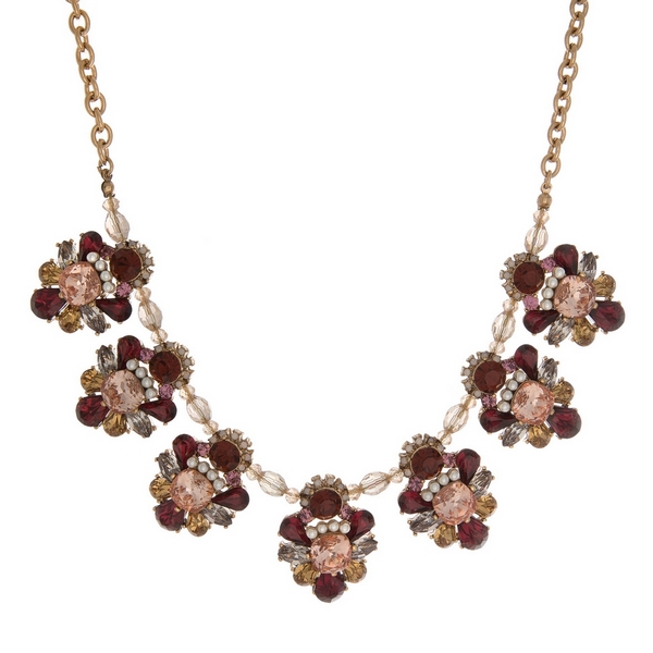 Wholesale gold statement necklace clusters burgundy topaz rhinestones