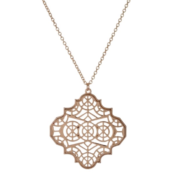 Wholesale long metal necklace filigree quatrefoil pendant