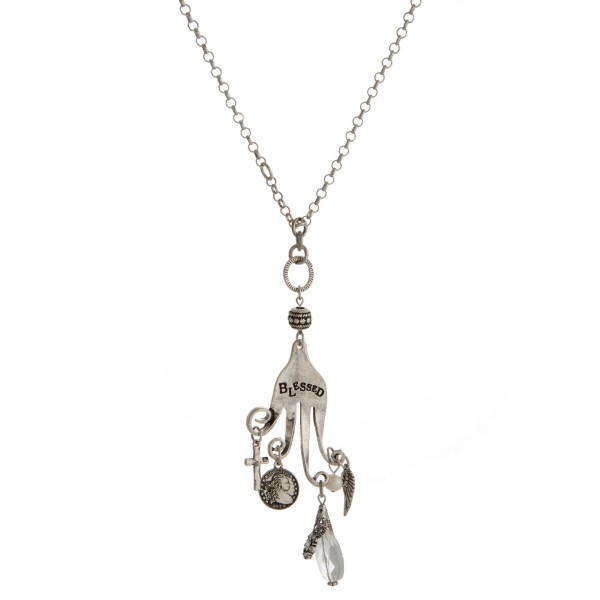 Wholesale long necklace curled fork pendant charms stamped Blessed