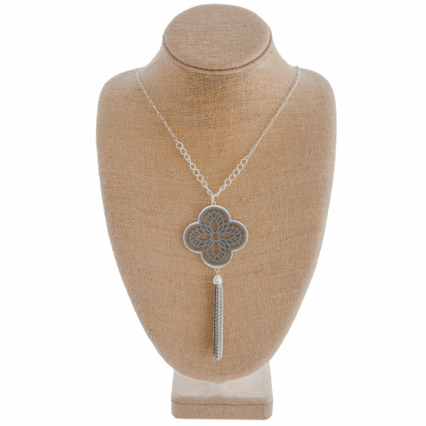 Wholesale long necklace grey filigree pattern pendant tassel detail Pendant over