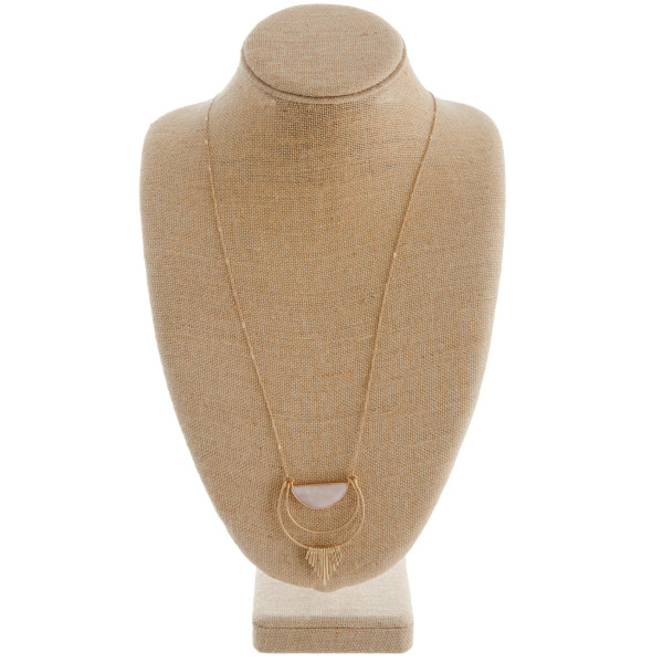 Wholesale long metal necklace pink natural stone pendant gold tassel accents Pen