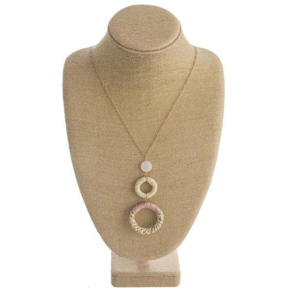 Wholesale long figaro chain necklace rattan woven double circular pendant raffia