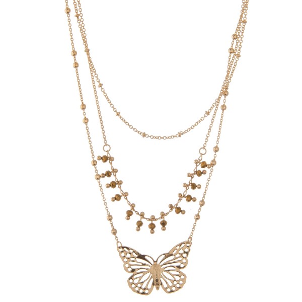 Layered beaded butterfly necklace.

- Shortest layer approximately 14" L
- Approximately 18" L overall 
- 3" extender