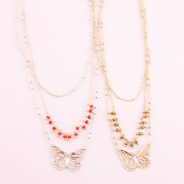 Layered beaded butterfly necklace.

- Shortest layer approximately 14" L
- Approximately 18" L overall 
- 3" extender