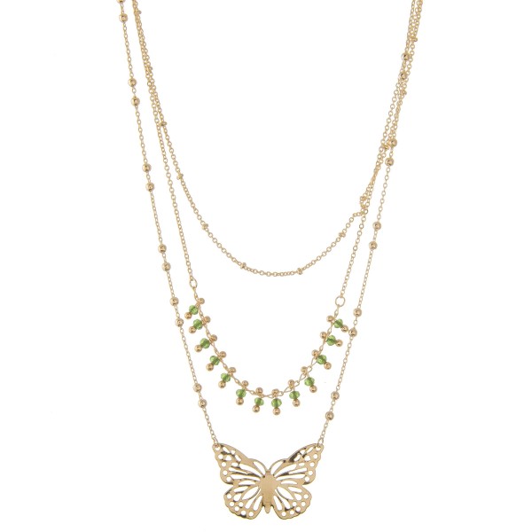 Layered beaded butterfly necklace.

- Shortest layer approximately 14" L
- Approximately 18" L overall 
- 3" extender