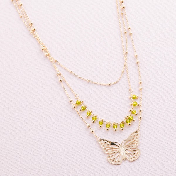 Layered beaded butterfly necklace.

- Shortest layer approximately 14" L
- Approximately 18" L overall 
- 3" extender