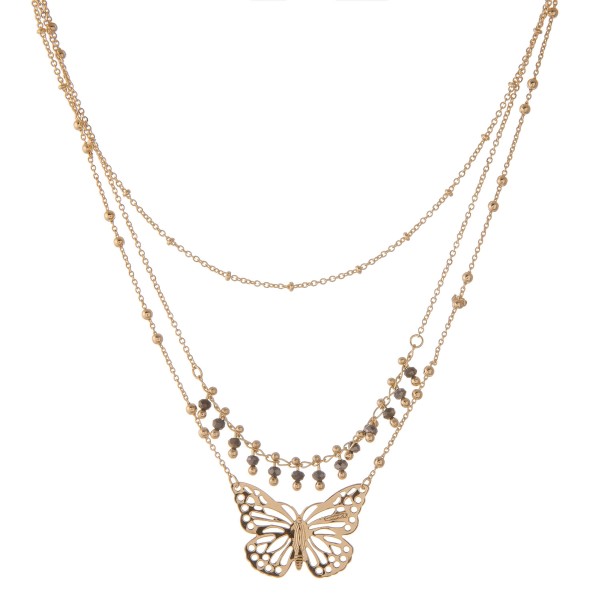 Layered beaded butterfly necklace.

- Shortest layer approximately 14" L
- Approximately 18" L overall 
- 3" extender