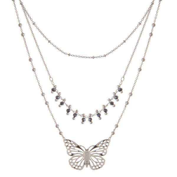 Layered beaded butterfly necklace.

- Shortest layer approximately 14" L
- Approximately 18" L overall 
- 3" extender