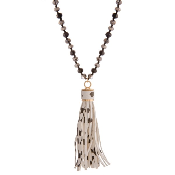 Wholesale long beaded faux leather cow print tassel pendant statement necklace P