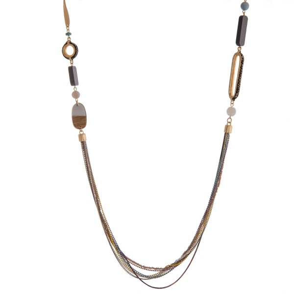 Wholesale long multi beaded geo linked layered bib statement necklace faux leath