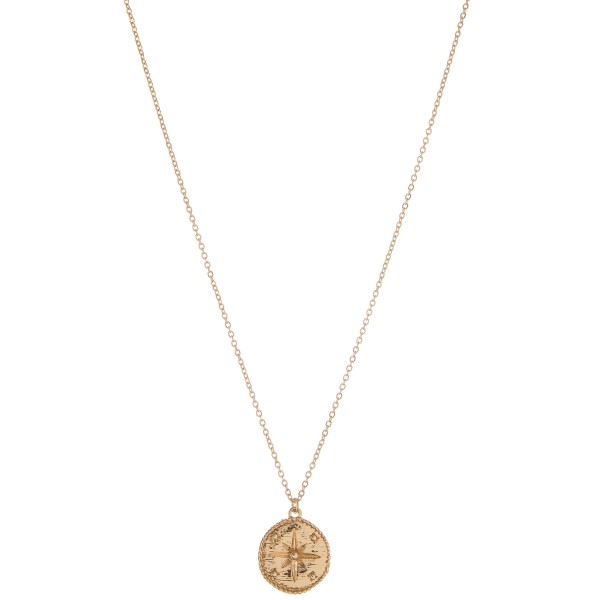 Gold north star stamped disc pendant necklace. - Pendant