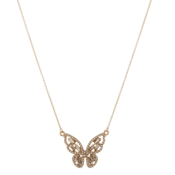 Rhinestone butterfly pendant necklace.

- Pendant approximately 1" 
- Approximately 18" L 
- 2.5" extender