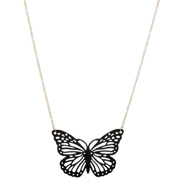 Coated cut out butterfly pendant necklace.

- Pendant approximately 2" 
- Approximately 16" L
- 3" extender