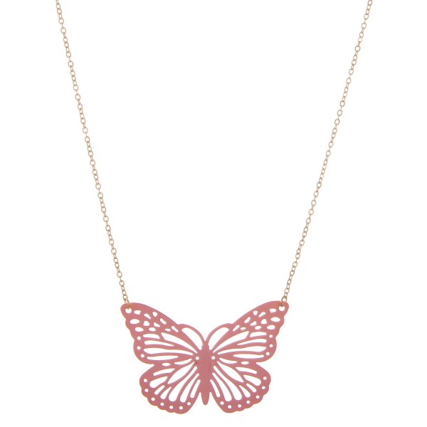 Coated cut out butterfly pendant necklace.

- Pendant approximately 2" 
- Approximately 16" L
- 3" extender