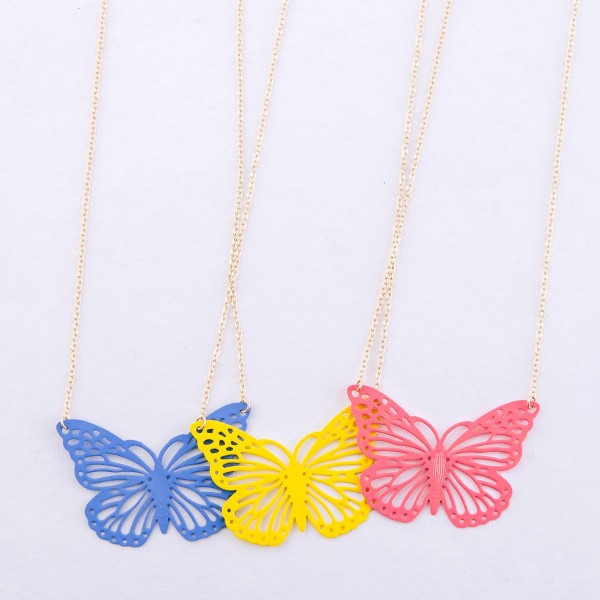 Coated cut out butterfly pendant necklace.

- Pendant approximately 2" 
- Approximately 16" L
- 3" extender