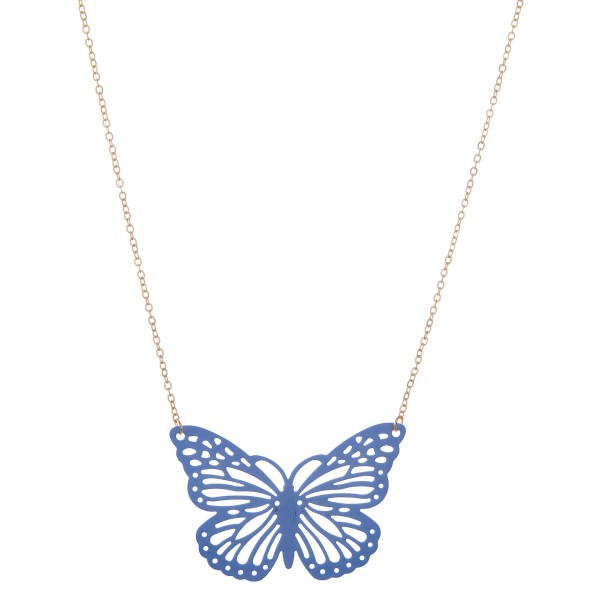Coated cut out butterfly pendant necklace.

- Pendant approximately 2" 
- Approximately 16" L
- 3" extender
