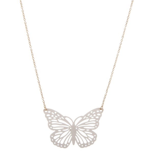 Coated cut out butterfly pendant necklace.

- Pendant approximately 2" 
- Approximately 16" L
- 3" extender