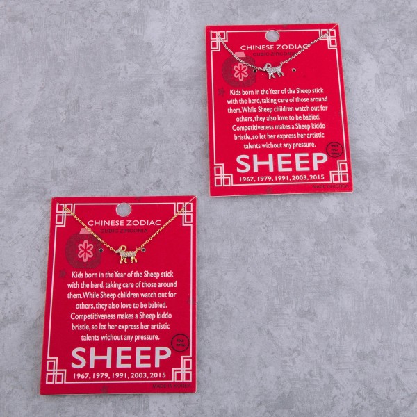 Gold dipped Chinese Zodiac Cubic Zirconia "Sheep" pendant necklace.

"Kids born in the Year of the Sheep stick
 with the heard, taking care of those around 
 them. While Sheep children watch out for
 others, they also love to be babied.
 Competitiveness makes a Sheep kiddo
 bristle, so let her express her artistic 
 talents without any pressure."
"1967, 1979, 1991, 2003, 2015" 

- Pendant approximately 1cm 
- Approximately 16" in length 