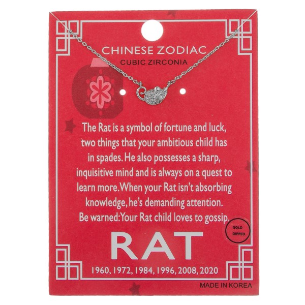 White Gold dipped Chinese Zodiac Cubic Zirconia "Rat" pendant necklace.

"The Rat is a symbol of fortune and luck,
 two things that your ambitious child has 
 in spades. He also possesses a sharp, 
 inquisitive mind and always on a quest to 
 learn more. When your Rat isn't absorbing 
 knowledge, he's demanding attention. Be 
 warned: Your Rat child loves to gossip."
"1960, 1972, 1984, 2008, 2020" 

- Pendant approximately 1cm 
- Approximately 16" in length 