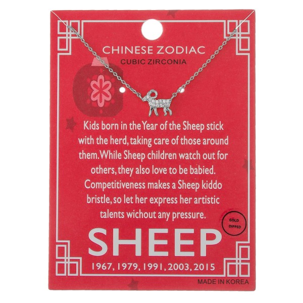 White Gold dipped Chinese Zodiac Cubic Zirconia "Sheep" pendant necklace.

"Kids born in the Year of the Sheep stick
 with the heard, taking care of those around 
 them. While Sheep children watch out for
 others, they also love to be babied.
 Competitiveness makes a Sheep kiddo
 bristle, so let her express her artistic 
 talents without any pressure."
"1967, 1979, 1991, 2003, 2015" 

- Pendant approximately 1cm 
- Approximately 16" in length 