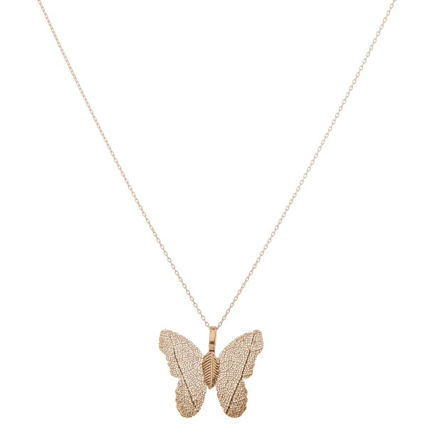 Gold dipped filigree butterfly pendant necklace.

- Pendant approximately 1" 
- Approximately 18" L 
- 2" extender