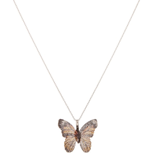 White Gold dipped filigree butterfly pendant necklace.

- Pendant approximately 1" 
- Approximately 18" L 
- 2" extender