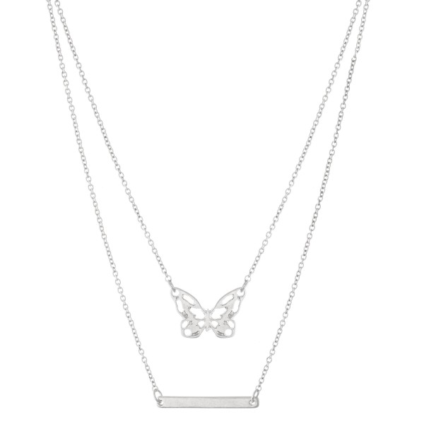 Double layered chain necklace featuring a butterfly pendant and a metal bar accent. 
- Approximately 16" L with a 3" extender 