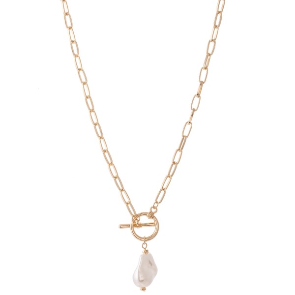 Wholesale baroque Pearl Toggle Bar Chain Link Necklace Gold Pearl L