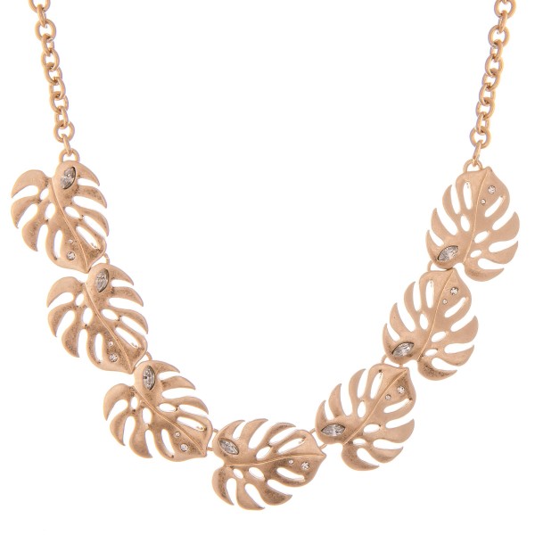 Metal Palm Leaf Statement Necklace with Clear Rhinestone Accents